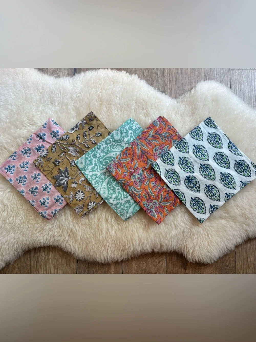 Set of 5 Block Print Cotton Napkins Floral Paisley Boho Coastal 16” Square